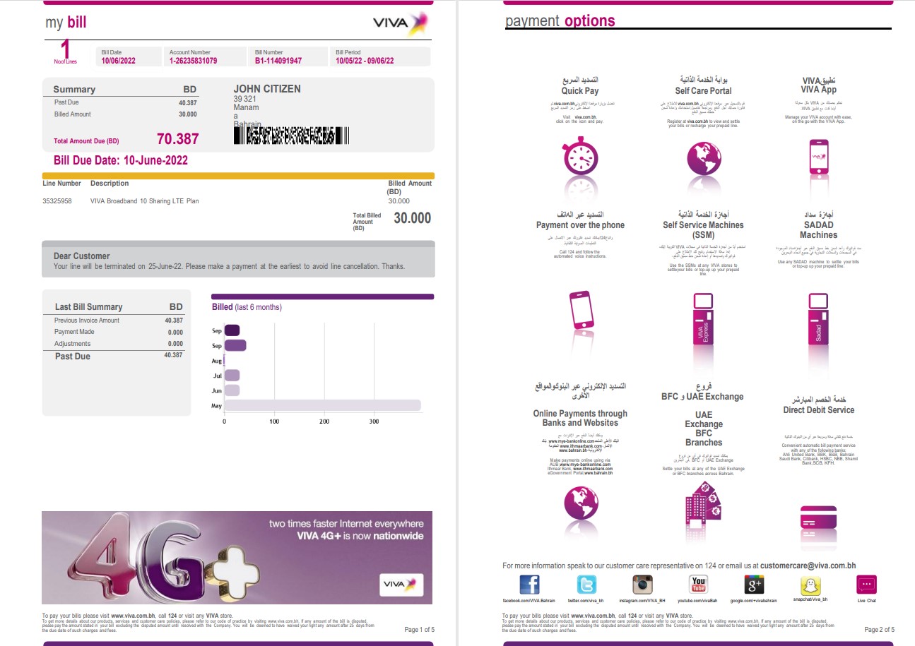 Bahrain Viva my utility bill Word and PDF template, 5 pages 1 2